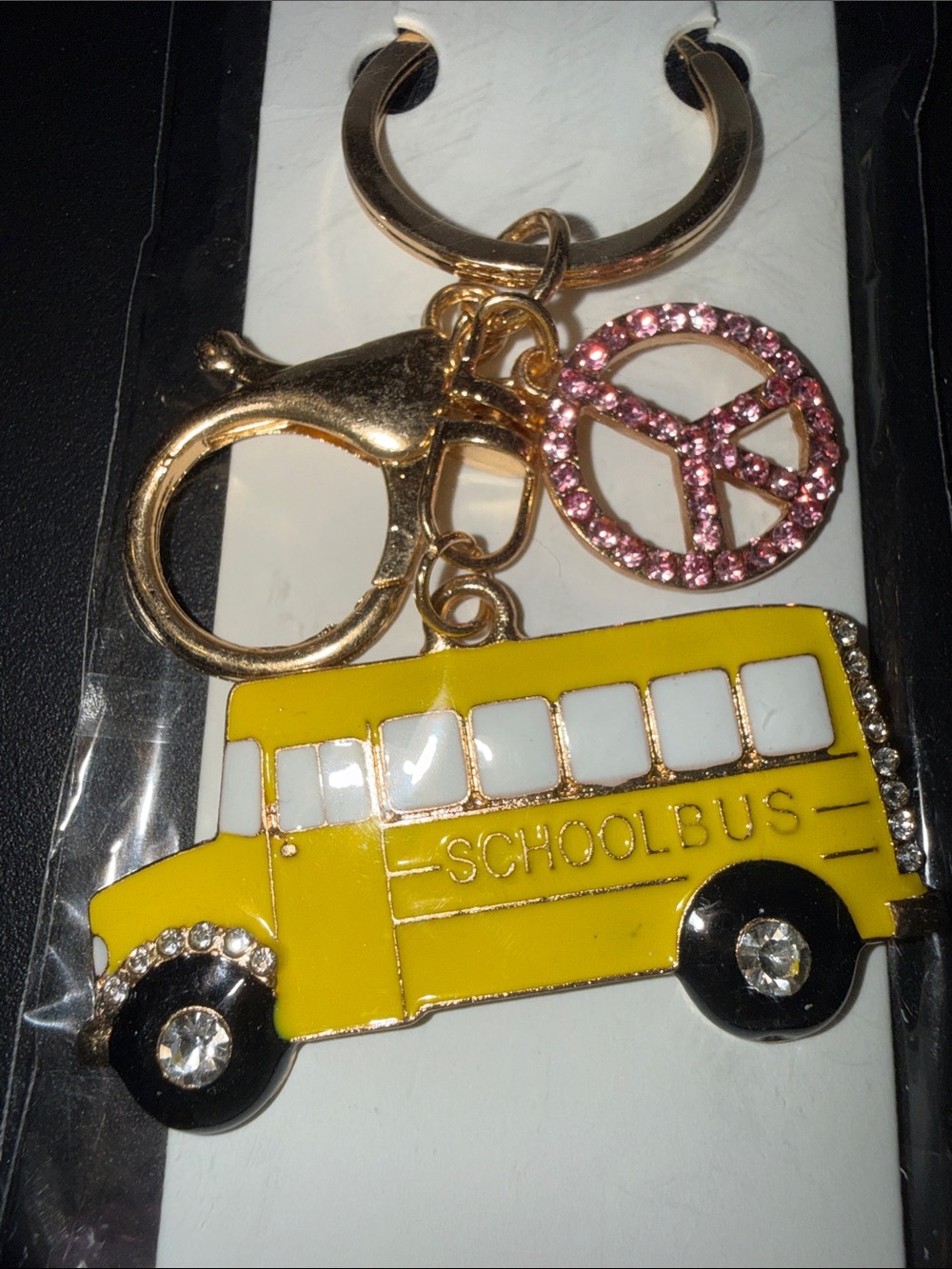 Kids Yellow School Bus Keychain with Pink Peace Charm